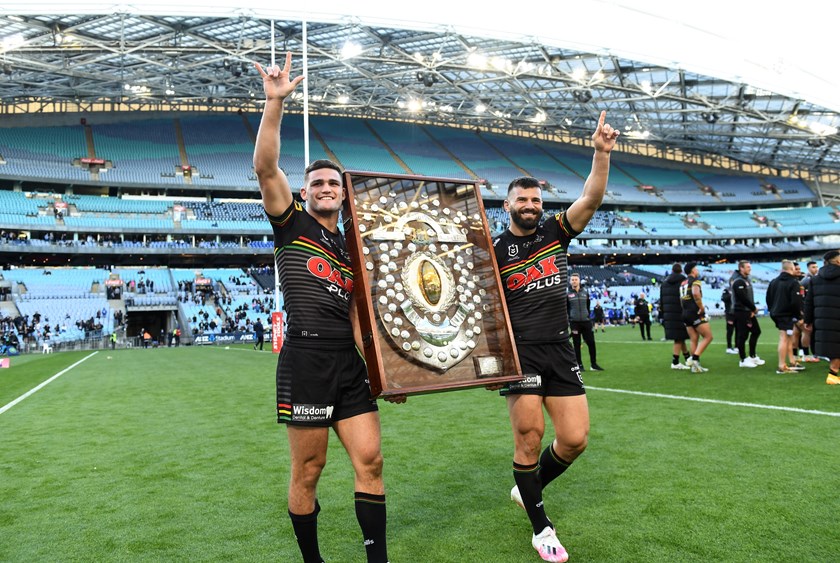 Nathan Cleary and Josh Mansour with the JJ Giltinan Shield.